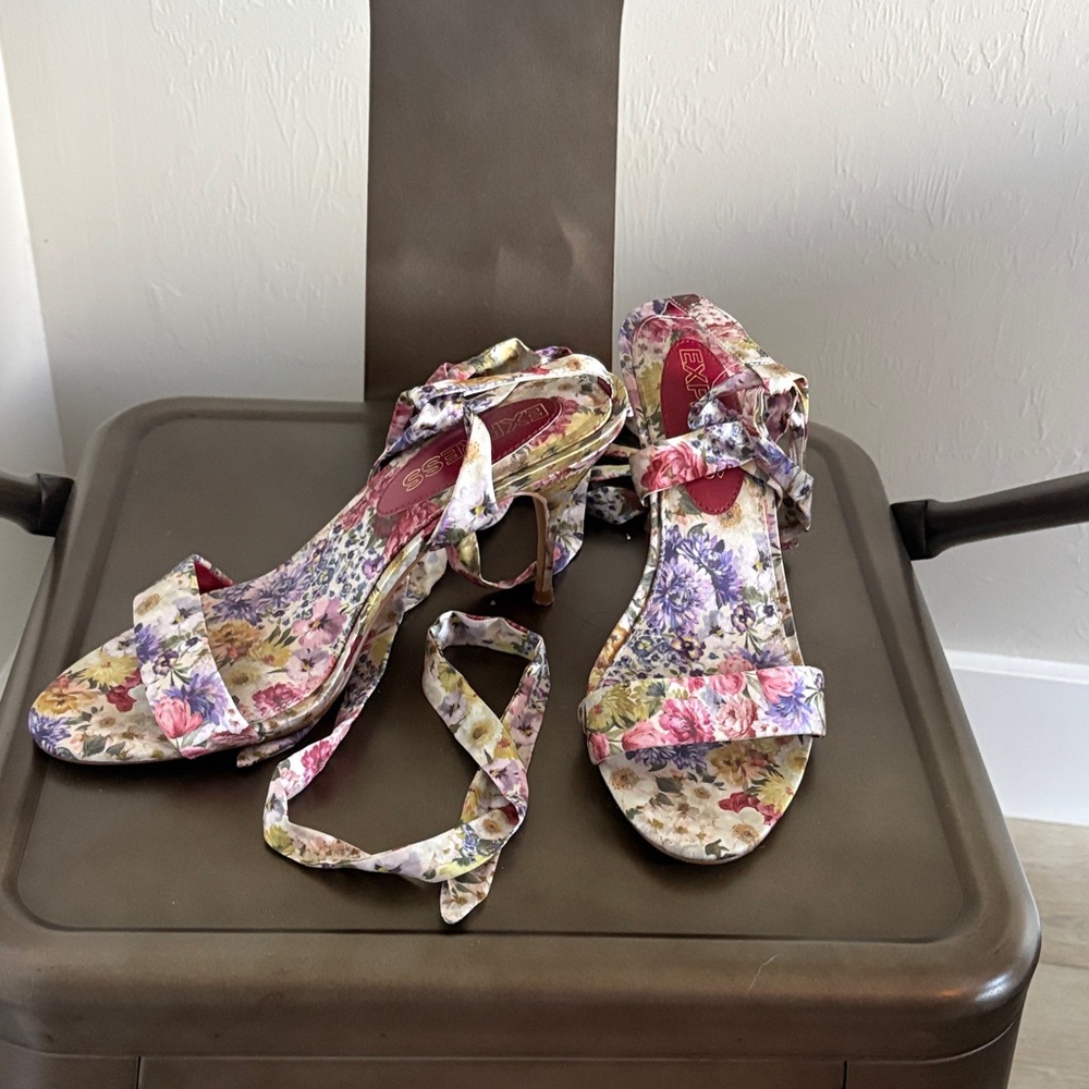 Express Floral Lace-Up Heeled Sandals - Pink, Purple, Cream